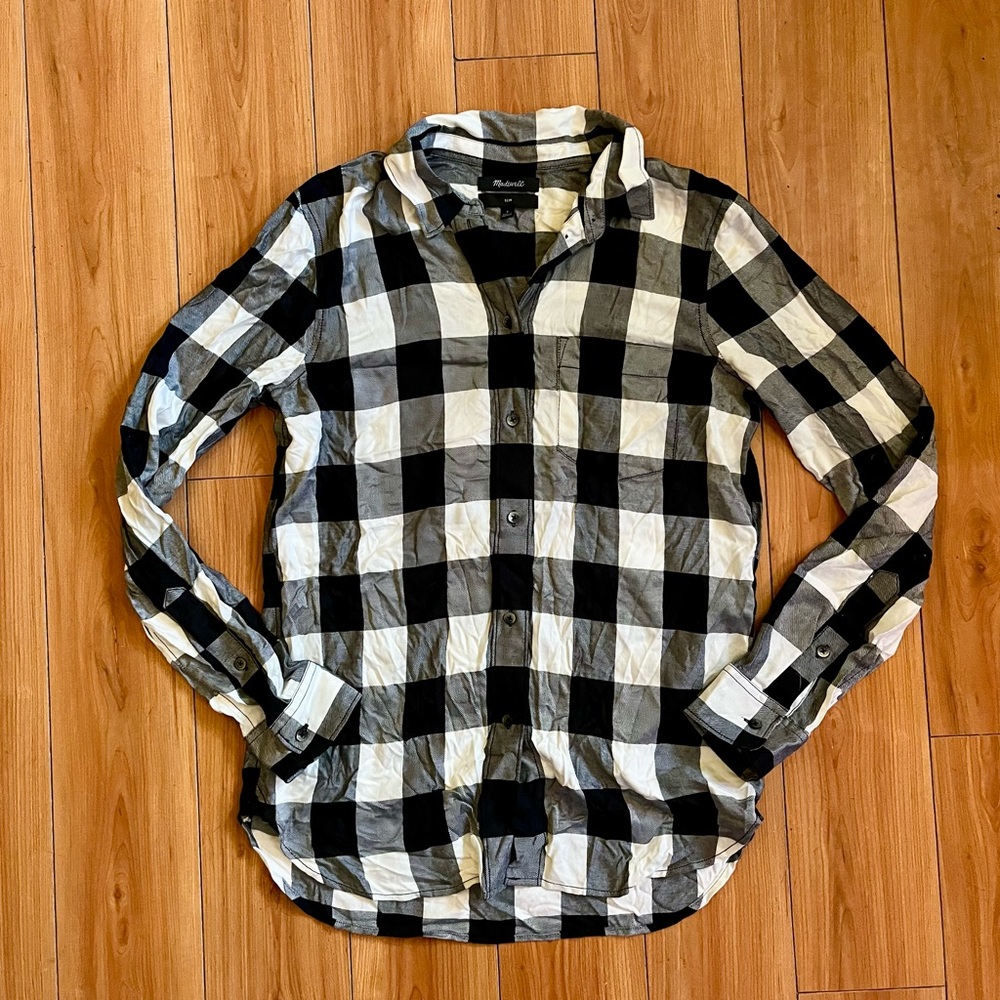 MADEWELL Women's Size Small Black & White Plaid Viscose Flannel Long Sl Shirt
